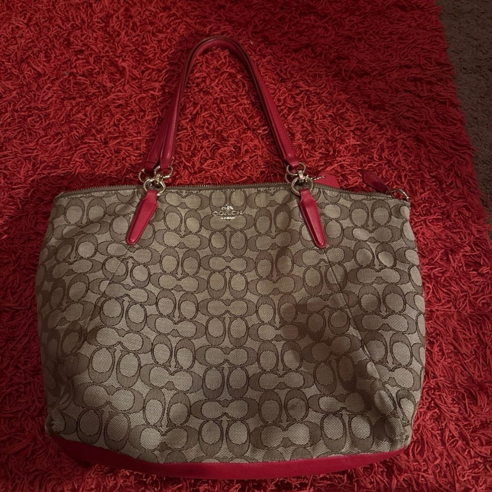 Coach Tan Signature Tote with Pink Handles